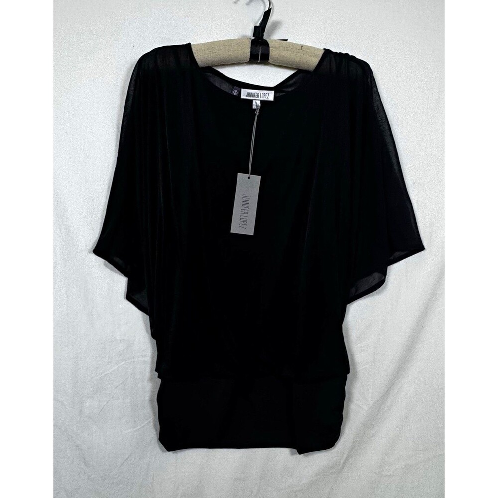 Jennifer Lopez Women's Black Solid Flutter Short Sleeve Round Neck Blouse, S